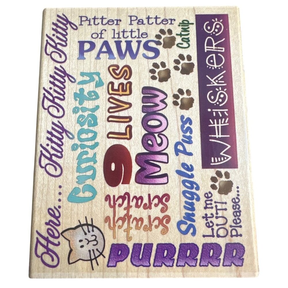 Cat Background Stamp Stampendous R060 With Fun Phrases & Paw Prints